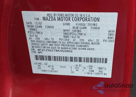 2008 Mazda Tribute I Sport from USA, damaged, VIN 4F2CZ92Z78KM22852